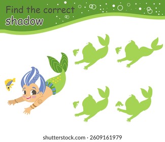 Matching activity find the correct shadow with cute mermaid. Fairytale marine quiz with cute mermaid. Find correct silhouette printable worksheet, game for kids. Vector isolated illustration