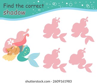 Matching activity find the correct shadow with cute mermaid. Fairytale marine quiz with cute mermaid. Find correct silhouette printable worksheet, game for kids. Vector isolated illustration