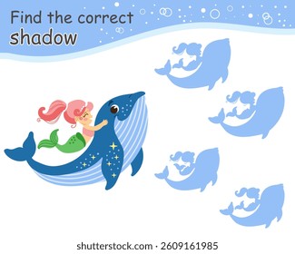Matching activity find the correct shadow with cute mermaid. Fairytale marine quiz with cute mermaid. Find correct silhouette printable worksheet, game for kids. Vector isolated illustration