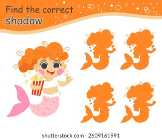 Matching activity find the correct shadow with cute mermaid. Fairytale marine quiz with cute mermaid. Find correct silhouette printable worksheet, game for kids. Vector isolated illustration