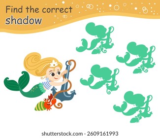 Matching activity find the correct shadow with cute mermaid. Fairytale marine quiz with cute mermaid. Find correct silhouette printable worksheet, game for kids. Vector isolated illustration