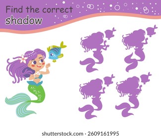 Matching activity find the correct shadow with cute mermaid. Fairytale marine quiz with cute mermaid. Find correct silhouette printable worksheet, game for kids. Vector isolated illustration
