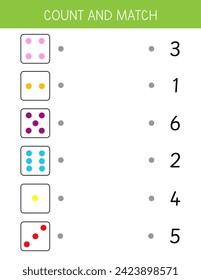 Matching activity for kids. Match dice and numbers. Counting game for preschool education. Math worksheet for children. Educational game	