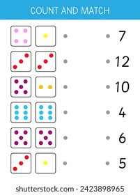 Actividad coincidente para los niños. Coincide con los dados y los números. Juego de conteo para educación preescolar. Hoja de cálculo matemática para niños. Juego educativo	