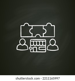 Matching chalk icon. Process for suppliers and consumers to find each other. Match potential clients search and goods.Marketplace concept. Isolated vector illustration on chalkboard