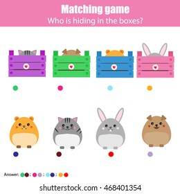 Matching children education game, kids activity. Match animals with box