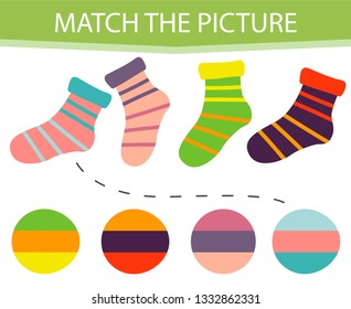 Matching children educational game. Activity for pre shool years kids and toddlers. Match parts of cartoon socks and colors. 