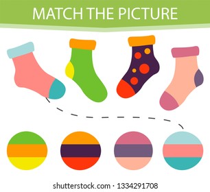Matching children educational game. Activity for pre shool years kids and toddlers. Match parts of cartoon socks and colors. 