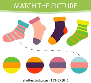 Matching children educational game. Activity for pre shool years kids and toddlers. Match parts of cartoon socks and colors. 