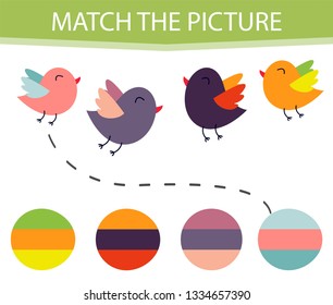 Matching children educational game. Activity for pre shool years kids and toddlers. Match parts of cartoon birds and colors. 