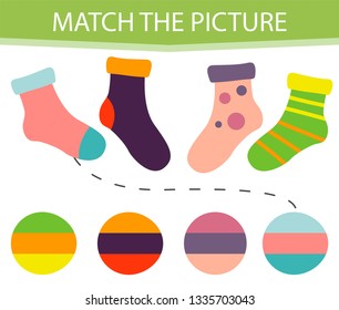 Matching children educational game. Activity for pre shool years kids and toddlers. Match parts of cartoon socks and colors. 