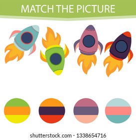 Matching children educational game. Activity for pre shool years kids and toddlers. Match parts of Rocket Ship and colors. 