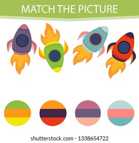 Matching children educational game. Activity for pre shool years kids and toddlers. Match parts of Rocket Ship and colors. 