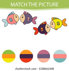 Matching children educational game. Activity for pre shool years kids and toddlers. Match parts of Fish and colors. 