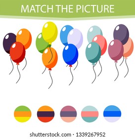Matching children educational game. Activity for pre shool years kids and toddlers. Match parts of Balloon and colors. 