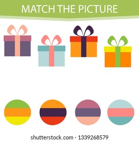 Matching children educational game. Activity for pre shool years kids and toddlers. Match parts of Gift and colors. 