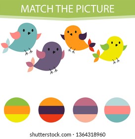 Matching children educational game. Activity for pre shool years kids and toddlers. Match parts of cartoon birds and colors. 
