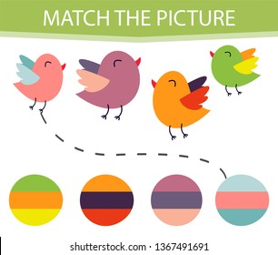 Matching children educational game. Activity for pre shool years kids and toddlers. Match parts of cartoon birds and colors. 