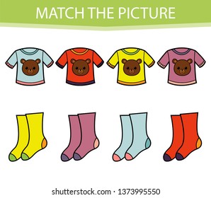 Matching children educational game. Activity for pre shool years kids and toddlers. Match parts of cartoon socks and pants. 