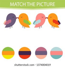 Matching children educational game. Activity for pre shool years kids and toddlers. Match parts of cartoon birds and colors. 