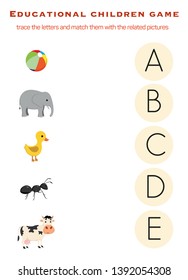 Matching children educational game.  Activity for pre sсhool years kids and toddlers. A-B-C-D-E-F-G-H-J color the pictures beginning with sound - Vektör