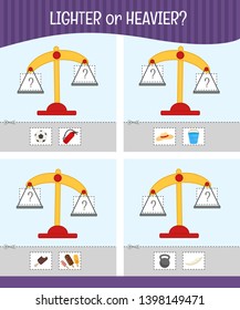 Matching children educational game. Activity for pre sсhool years kids and toddlers. Heavier or lighter?
