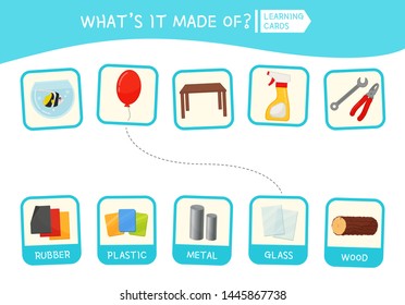 Matching children educational game. Activity for pre sсhool years kids and toddlers. What is it made of?
