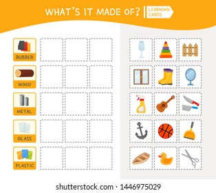 Matching children educational game. Activity for pre sсhool years kids and toddlers. What's it made of?
