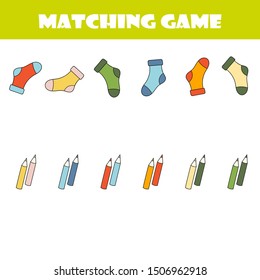 Matching children educational game. Activity for pre shool years kids and toddlers. Match parts of cartoon socks and colors. 