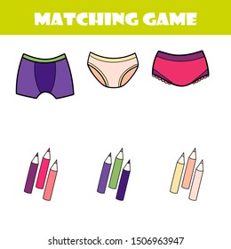 Matching children educational game. Activity for pre shool years kids and toddlers. Match parts of cartoon underpants and colors. 