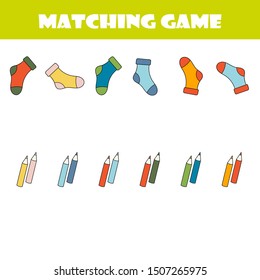 Matching children educational game. Activity for pre shool years kids and toddlers. Match parts of cartoon socks and colors. 