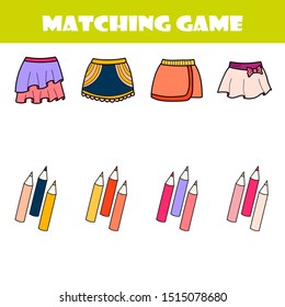 Matching children educational game. Activity for pre shool years kids and toddlers. Match parts of cartoon skirts and colors. 