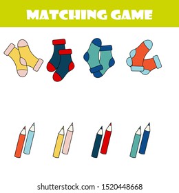 Matching children educational game. Activity for pre shool years kids and toddlers. Match parts of cartoon socks and colors. 