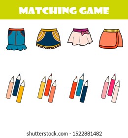 Matching children educational game. Activity for pre shool years kids and toddlers. Match parts of cartoon skirts and colors. 