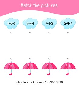 Matching children educational game. Activity for pre sсhool years kids and toddlers. Match clouds and umbrellas.
