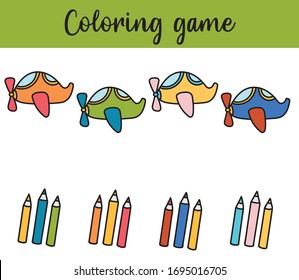 Matching children educational game. Activity for pre school years kids and toddlers. Match parts of planes and colors. 
