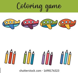Matching children educational game. Activity for pre shool years kids and toddlers. Match parts of planes and colors. 