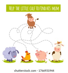 Juego educativo para niños. Actividad para niños y niños de edad preescolar. Ayude a la cría del bebé a encontrar a su madre vaca. Hoja de trabajo para revistas infantiles, actividades de ocio