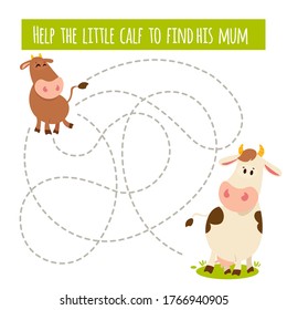 Matching children educational game. Activity for preschool years kids and toddlers. Help Baby calf to find his mother cow. Worksheet for children's magazine, leisure activity