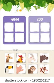 Matching children educational game. Activity for pre sсhool years kids and toddlers. Farm and zoo animals.