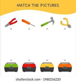 Matching children educational game. Activity for pre sсhool years kids and toddlers. Arrange the tools in the boxes.