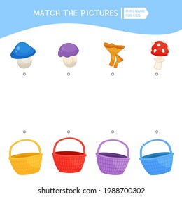 Matching children educational game. Activity for pre sсhool years kids and toddlers. Place the mushrooms in a basket of the same color
