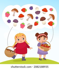 Matching children educational game. Activity for pre sсhool years kids and toddlers. Help the girls to collect mushrooms and berries.
