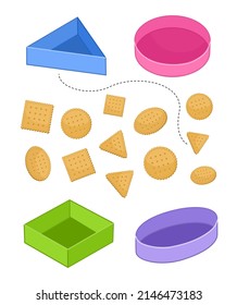 Matching children educational game. Activity for presсhool years kids and toddlers.Put cookies in boxes of the correct geometric shape. 
