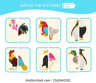 Juego educativo para niños. Actividad para niños y niños de edad preescolar с. Coincide con las mitades. Ilustración vectorial de las aves de dibujos animados.
