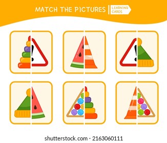 Matching children educational game. Activity for pre sсhool years kids and toddlers. Match the halves. Illustration of objects in the form of a triangle.
