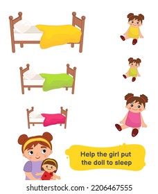 Matching children educational game. Activity for pre sсhool years kids and toddlers. Help the girl find the right size bed for her doll.
