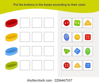 Matching children educational game. Activity for pre sсhool years kids and toddlers. Sort the buttons into boxes.
