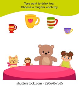 Juego educativo para niños. Actividad para niños y niños de edad preescolar с. Elija una taza para cada juguete en tamaño.
