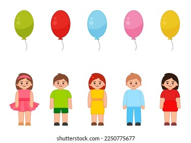 Matching children educational game. Activity for pre sсhool years kids and toddlers. Give each child a balloon of the correct color.
